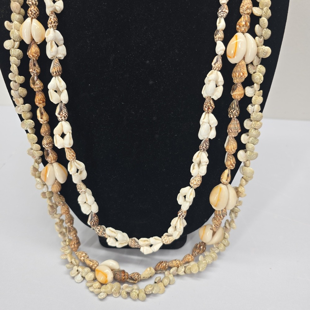 Vintage Natural Puka Cowrie Shell Necklace Set 3 Piece Long Layering Beachy Boho - Picture 2 of 5